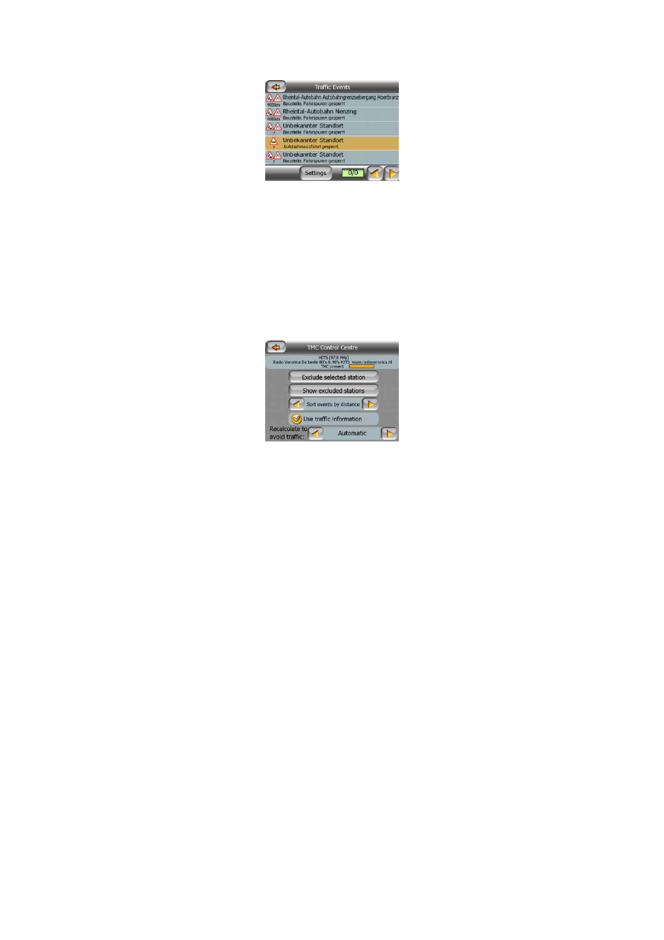 Tmc control centre, Selected fm radio station, Exclude selected station | Show excluded stations, 2 tmc, Control centre, 1 selected, Fm radio station, 2 exclude, Selected station | Mio C210 User Manual | Page 50 / 80