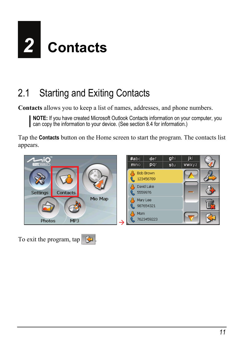 2 contacts, 1 starting and exiting contacts, Contacts | Starting and exiting contacts | Mio Digi Walker C510 User Manual | Page 19 / 86