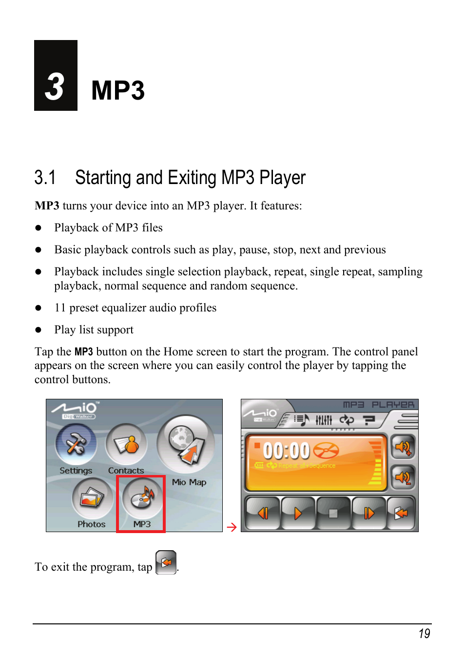 3 mp3, 1 starting and exiting mp3 player, Starting and exiting mp3 player | Mio Digi Walker C510 User Manual | Page 27 / 86