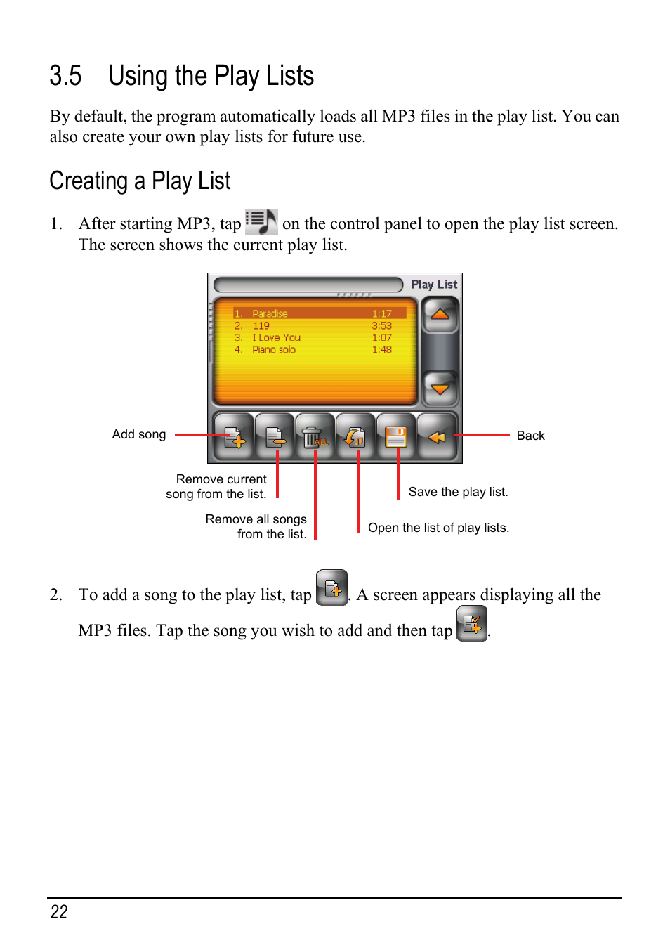 5 using the play lists, Creating a play list, Using the play lists | Mio Digi Walker C510 User Manual | Page 30 / 86