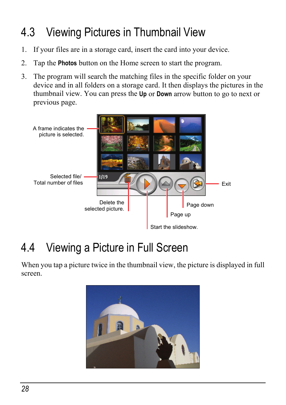 3 viewing pictures in thumbnail view, 4 viewing a picture in full screen, Viewing pictures in thumbnail view | Viewing a picture in full screen | Mio Digi Walker C510 User Manual | Page 36 / 86