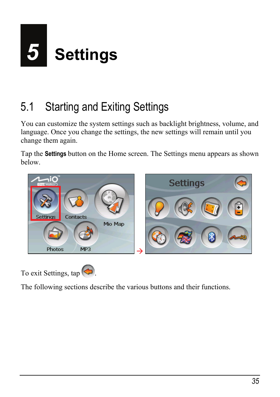 5 settings, 1 starting and exiting settings, Settings | Starting and exiting settings | Mio Digi Walker C510 User Manual | Page 43 / 86