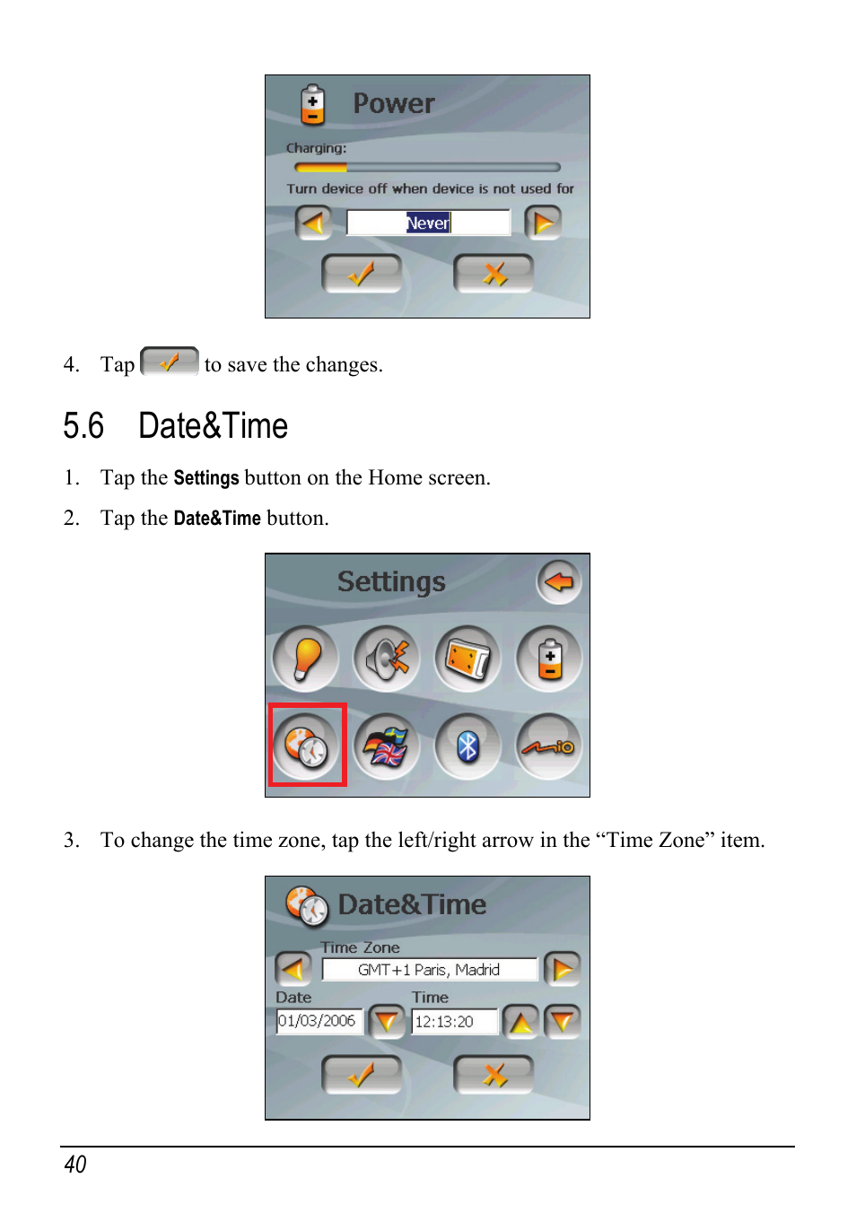 6 date&time, Date&time | Mio Digi Walker C510 User Manual | Page 48 / 86