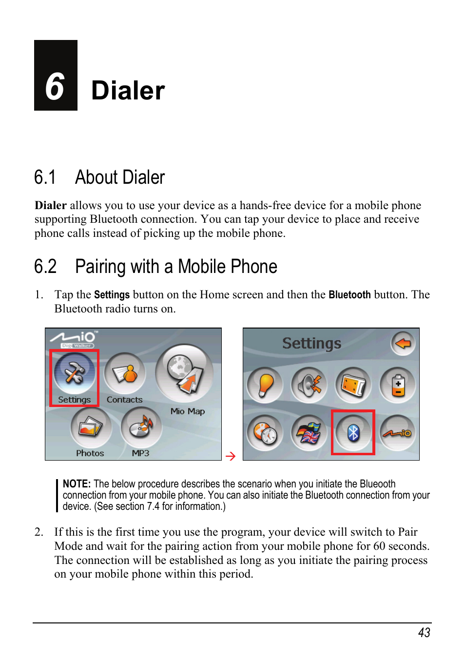 6 dialer, 1 about dialer, 2 pairing with a mobile phone | Dialer, About dialer, Pairing with a mobile phone | Mio Digi Walker C510 User Manual | Page 51 / 86