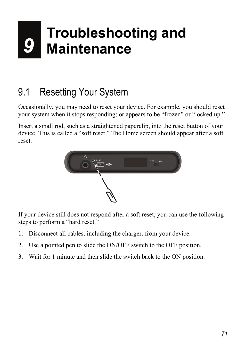 9 troubleshooting and maintenance, 1 resetting your system, Troubleshooting and maintenance | Resetting your system | Mio Digi Walker C510 User Manual | Page 79 / 86