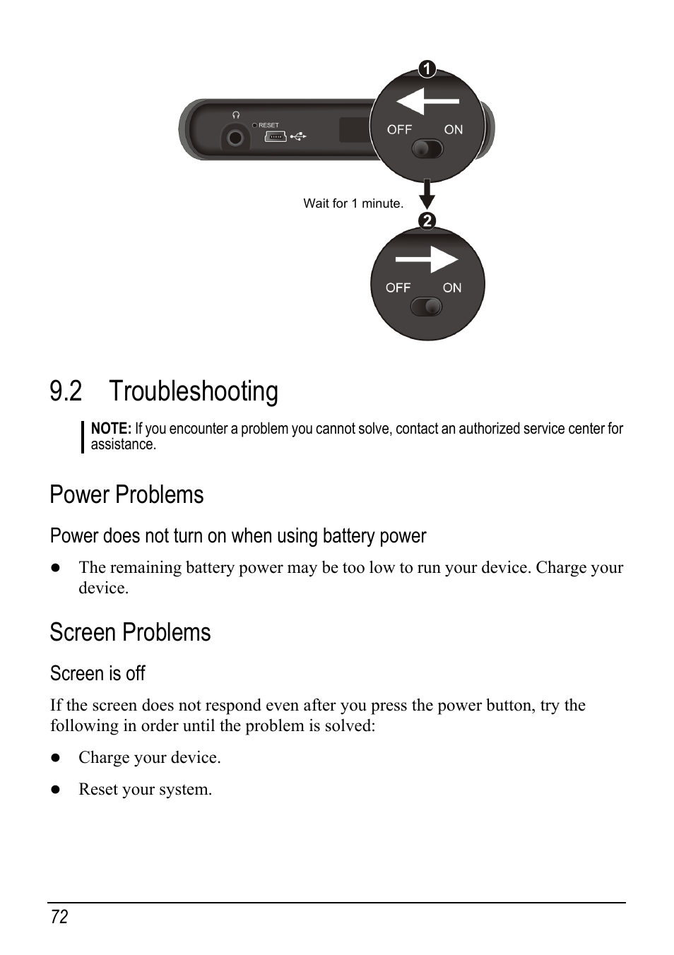 2 troubleshooting, Power problems, Screen problems | Troubleshooting, Power does not turn on when using battery power, Screen is off | Mio Digi Walker C510 User Manual | Page 80 / 86