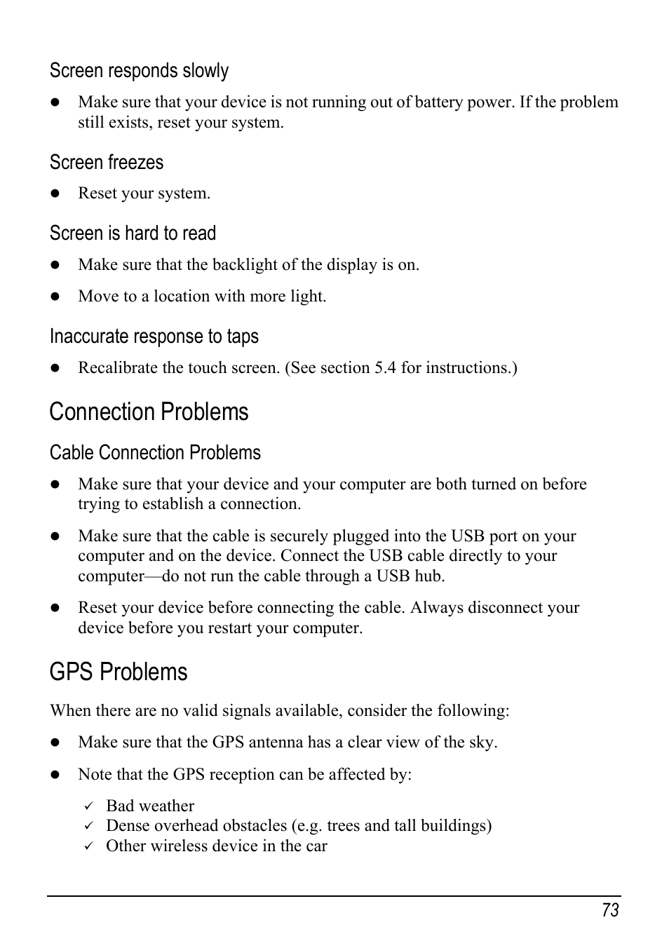 Connection problems, Gps problems, Screen responds slowly | Screen freezes, Screen is hard to read, Inaccurate response to taps, Cable connection problems | Mio Digi Walker C510 User Manual | Page 81 / 86