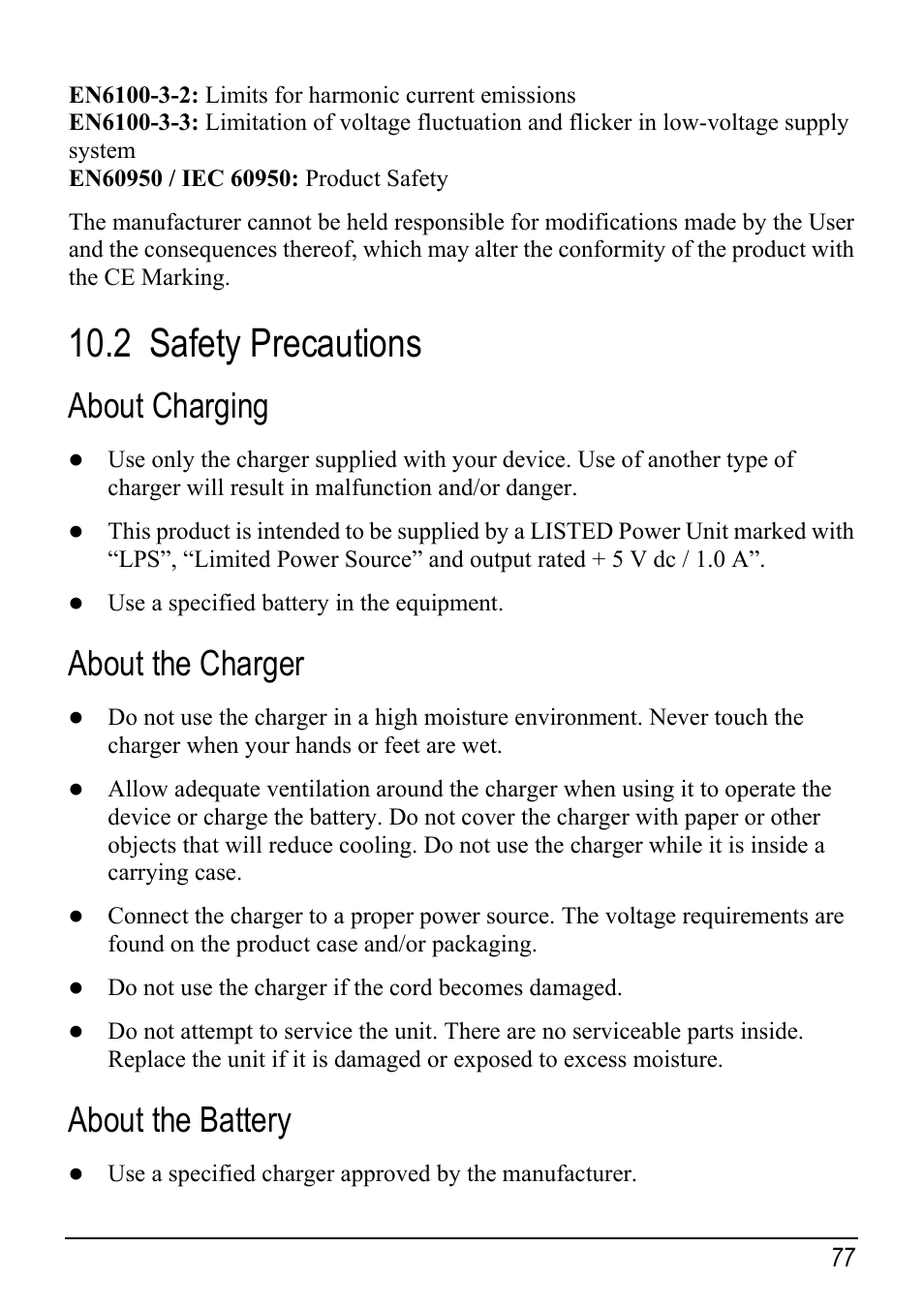 2 safety precautions, About charging, About the charger | About the battery, Safety precautions | Mio Digi Walker C510 User Manual | Page 85 / 86