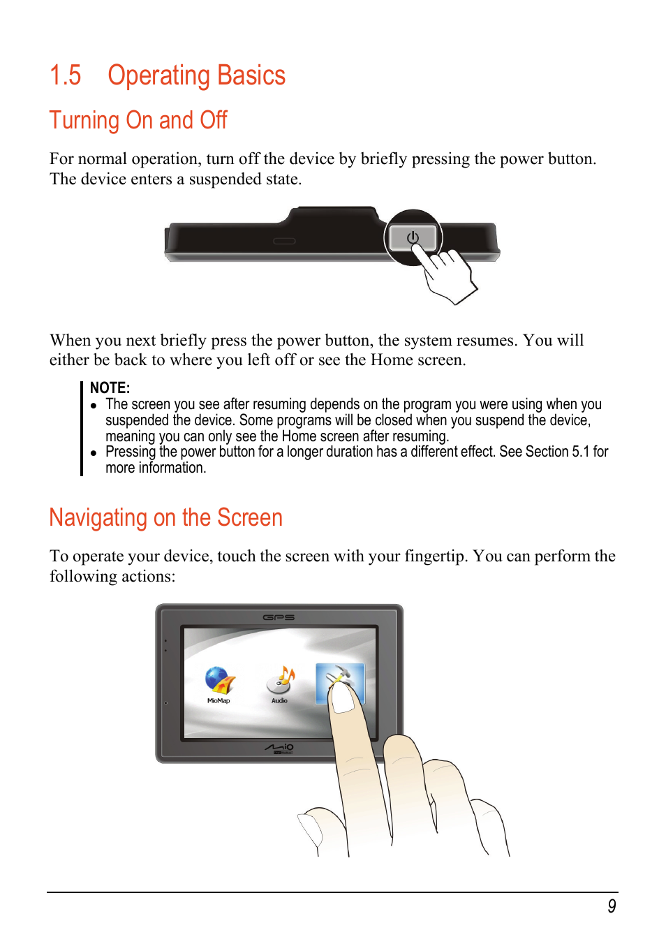 5 operating basics, Turning on and off, Navigating on the screen | Using your device in a vehicle, Connecting the car charger | Mio c320 User Manual | Page 17 / 54