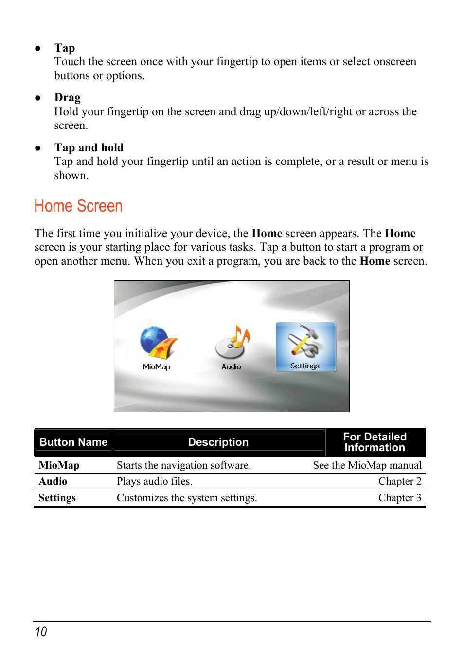 Home screen, Operating basics | Mio c320 User Manual | Page 18 / 54