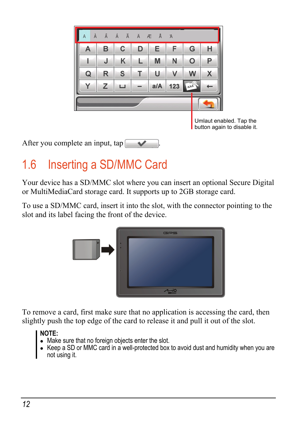 6 inserting a sd/mmc card, Navigating on the screen | Mio c320 User Manual | Page 20 / 54