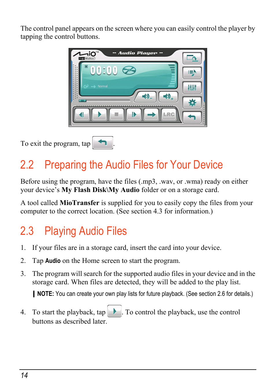 2 preparing the audio files for your device, 3 playing audio files, Audio | Mio c320 User Manual | Page 22 / 54