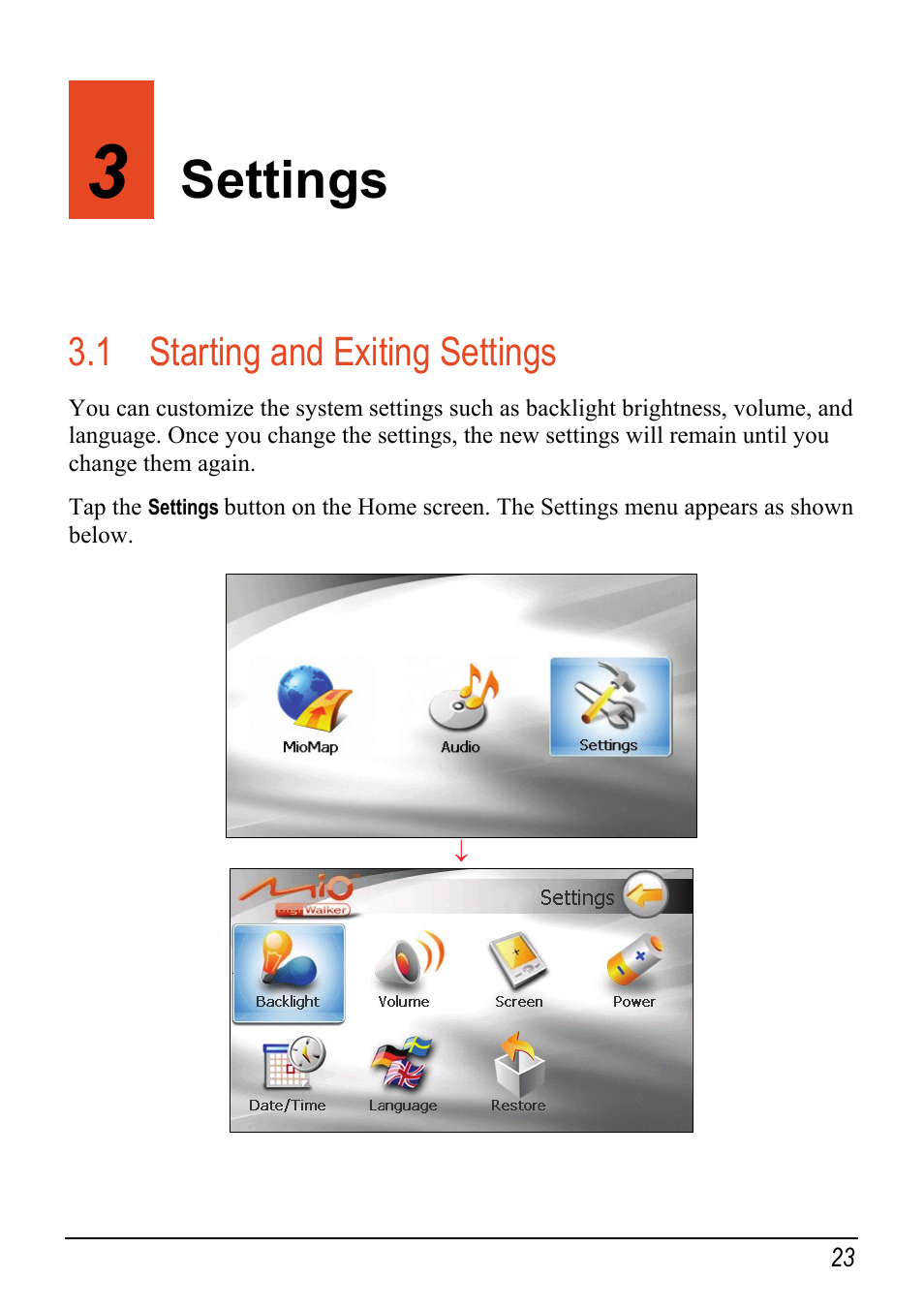 3 settings, 1 starting and exiting settings, Playing songs with lyrics | Using the play lists, Settings | Mio c320 User Manual | Page 31 / 54