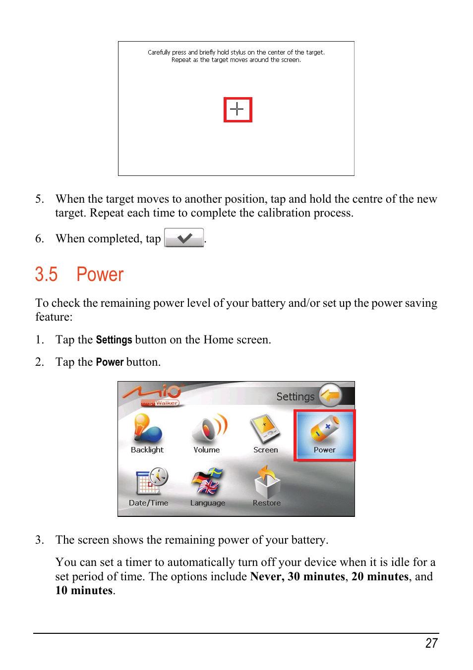 5 power, Settings | Mio c320 User Manual | Page 35 / 54