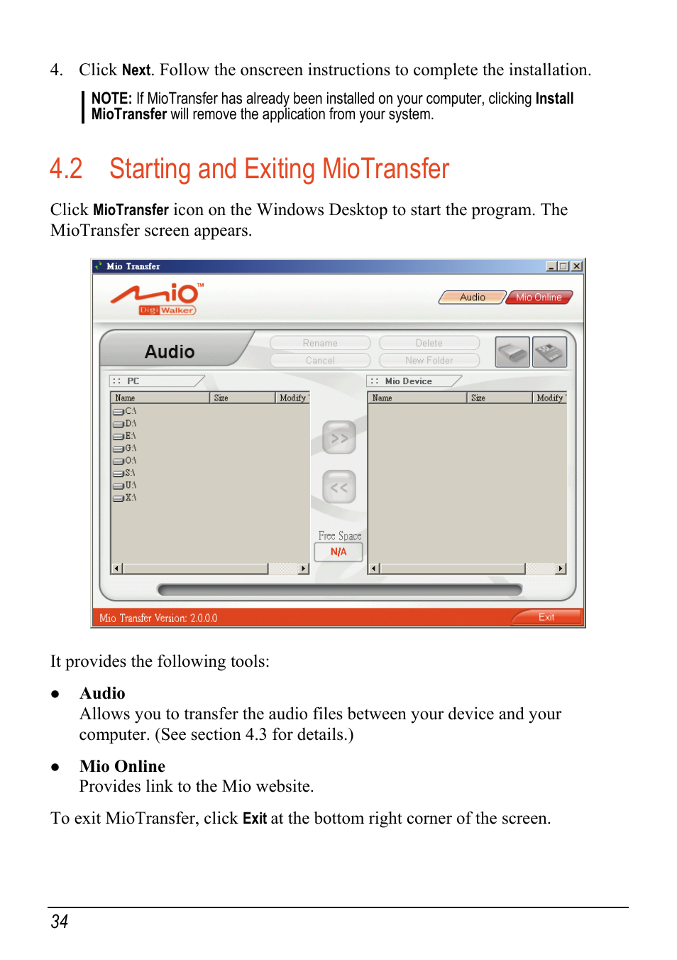 2 starting and exiting miotransfer, Power | Mio c320 User Manual | Page 42 / 54