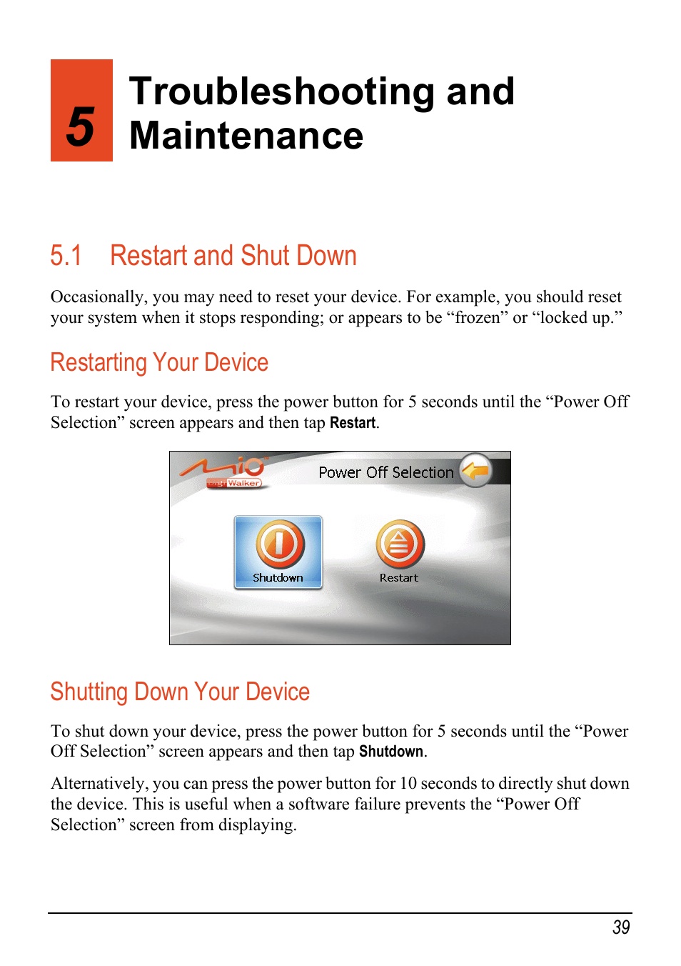 5 troubleshooting and maintenance, 1 restart and shut down, Miotransfer | Troubleshooting and maintenance, Restarting your device, Shutting down your device | Mio c320 User Manual | Page 47 / 54