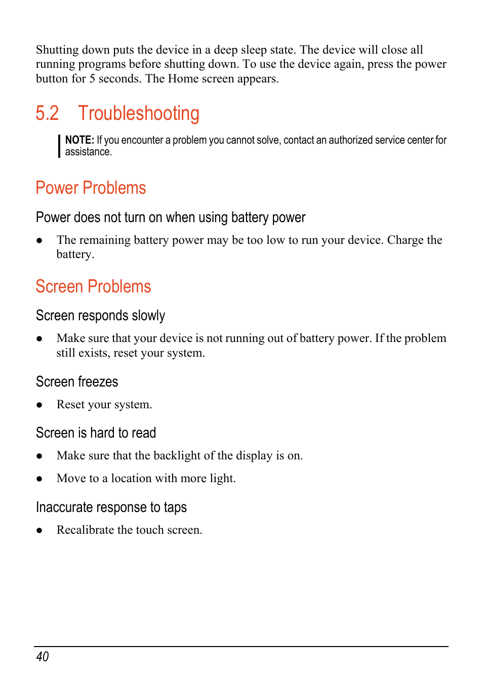 2 troubleshooting, Installing miotransfer, Starting and exiting miotransfer | Copying multimedia files to your device, Power problems, Screen problems, Power does not turn on when using battery power, Screen responds slowly, Screen freezes, Screen is hard to read | Mio c320 User Manual | Page 48 / 54