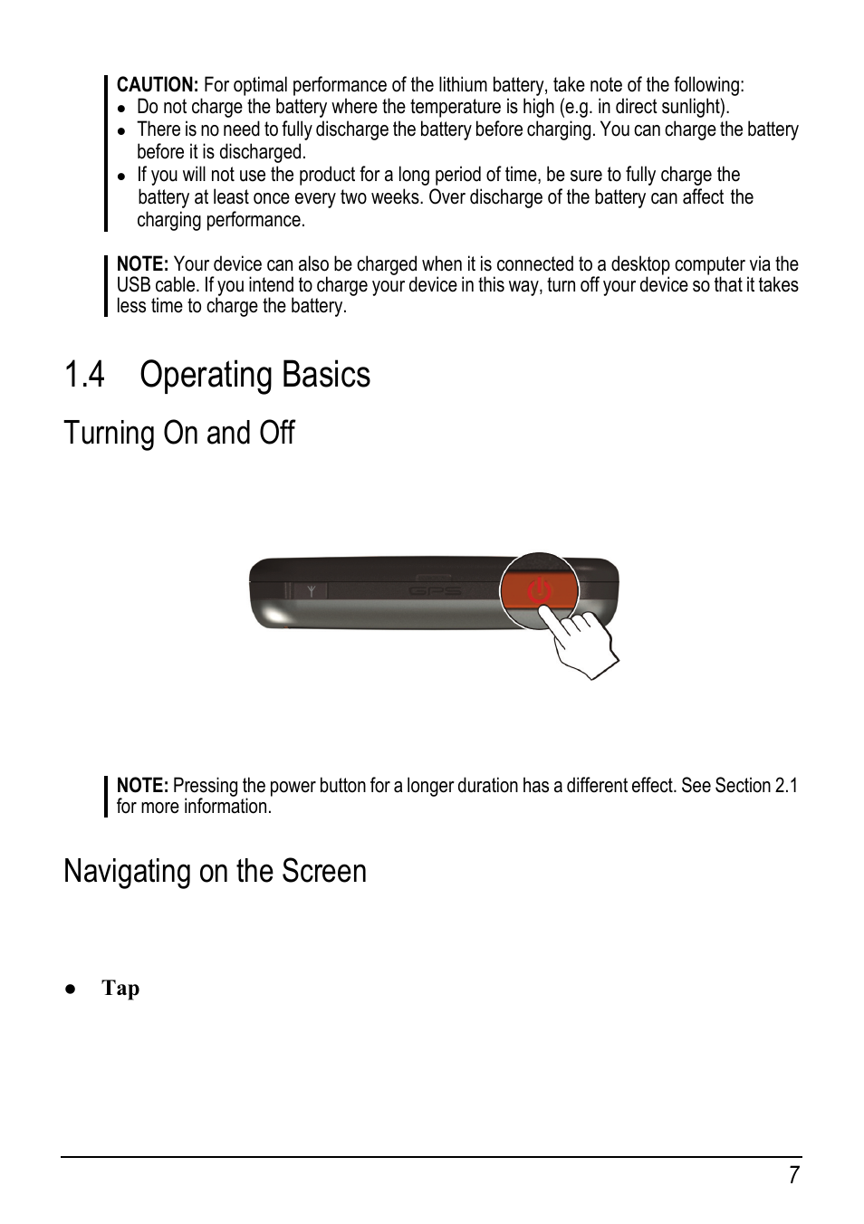 4 operating basics, Turning on and off, Navigating on the screen | Operating basics | Mio C220 User Manual | Page 13 / 22