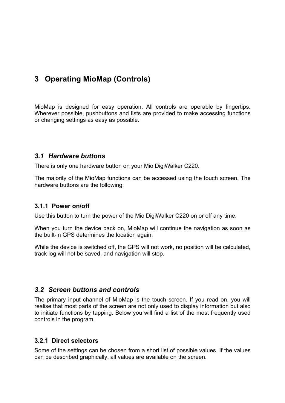 Operating miomap (controls), Hardware buttons, Power on/off | Screen buttons and controls, Direct selectors, 3 operating miomap (controls) | Mio MIOMAP C220 User Manual | Page 10 / 86