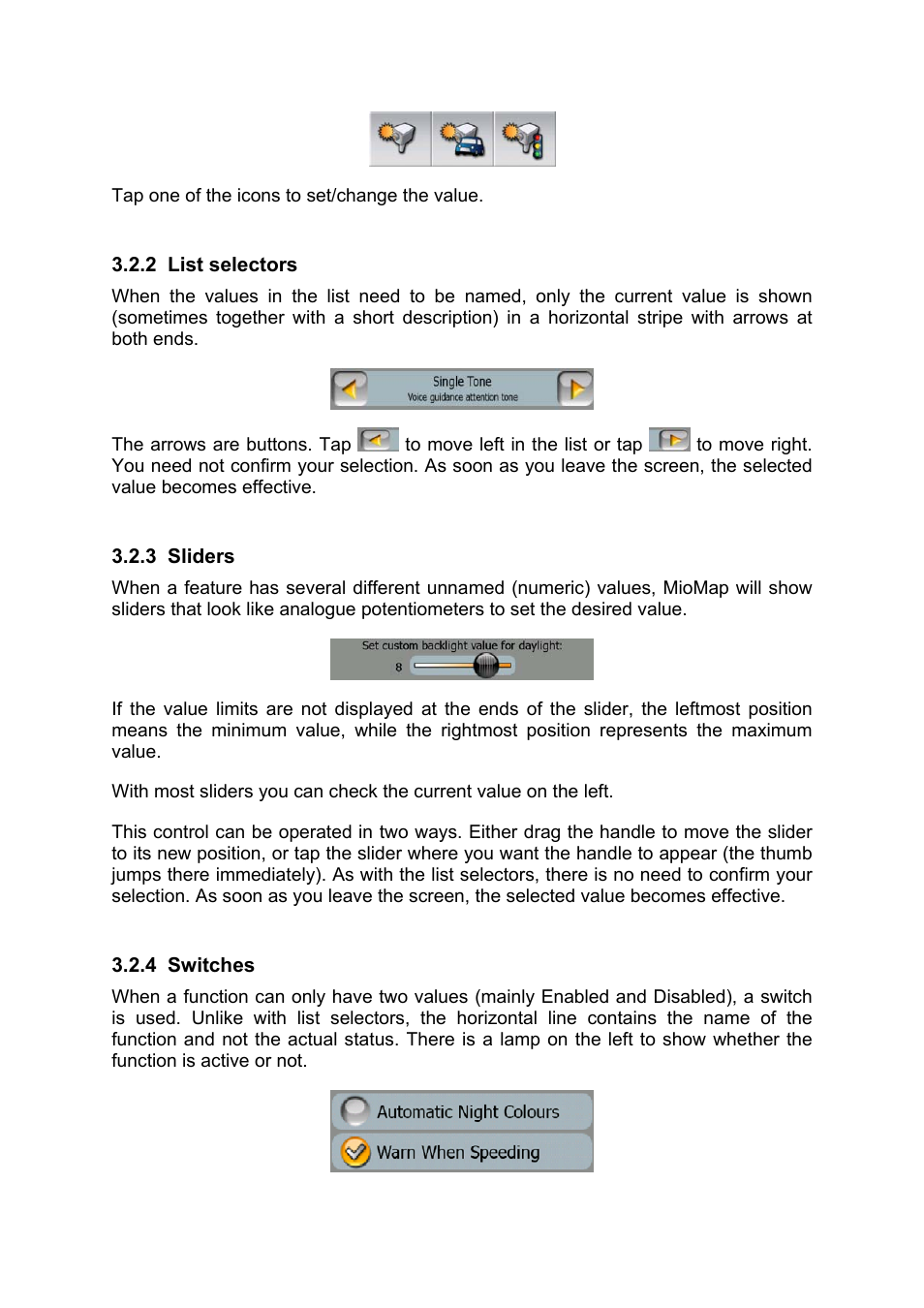 List selectors, Sliders, Switches | Mio MIOMAP C220 User Manual | Page 11 / 86