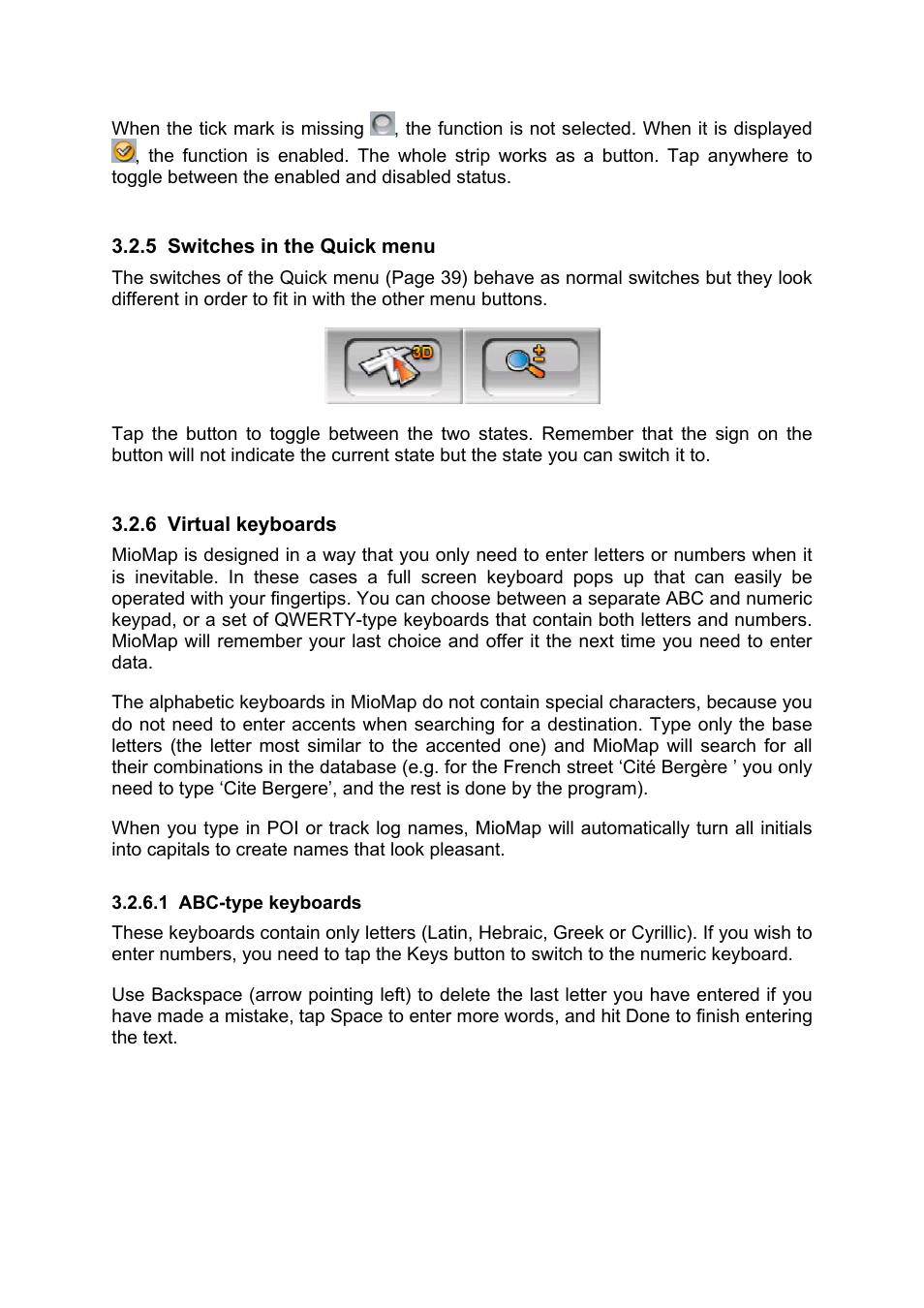Switches in the quick menu, Virtual keyboards, Abc-type keyboards | Mio MIOMAP C220 User Manual | Page 12 / 86