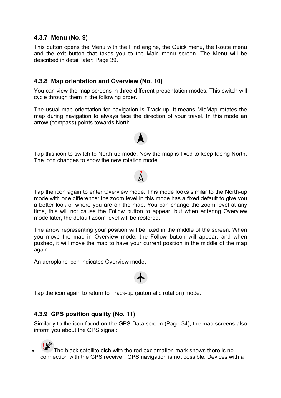 Menu (no. 9), Map orientation and overview (no. 10), Gps position quality (no. 11) | Mio MIOMAP C220 User Manual | Page 28 / 86