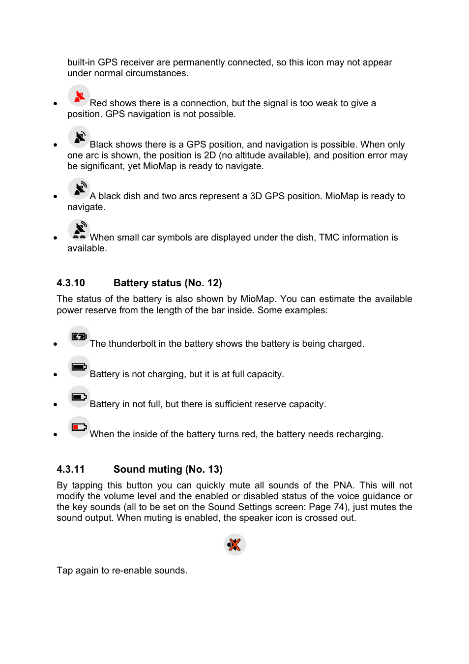 Battery status (no. 12), Sound muting (no. 13) | Mio MIOMAP C220 User Manual | Page 29 / 86