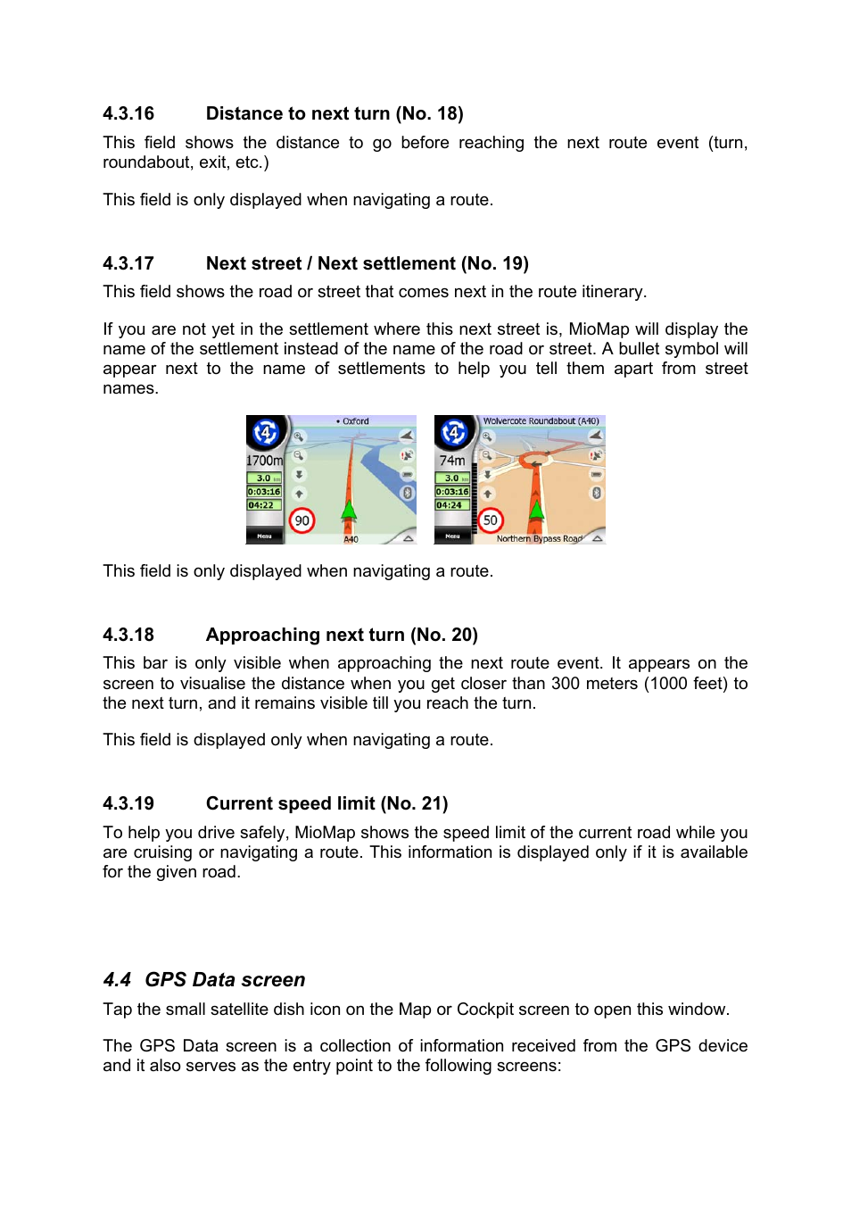 Distance to next turn (no. 18), Next street / next settlement (no. 19), Approaching next turn (no. 20) | Current speed limit (no. 21), Gps data screen | Mio MIOMAP C220 User Manual | Page 33 / 86