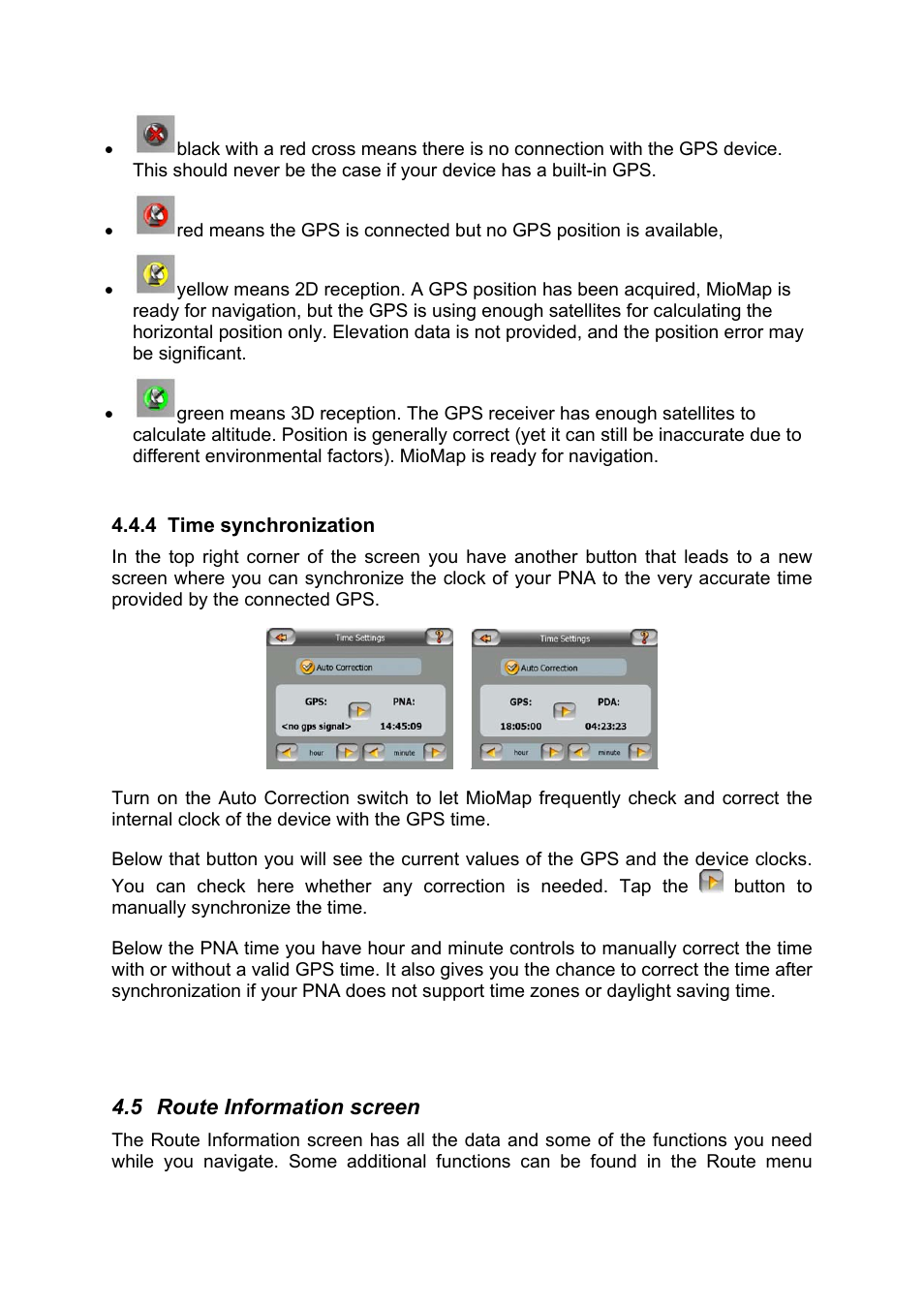 Time synchronization, Route information screen | Mio MIOMAP C220 User Manual | Page 35 / 86