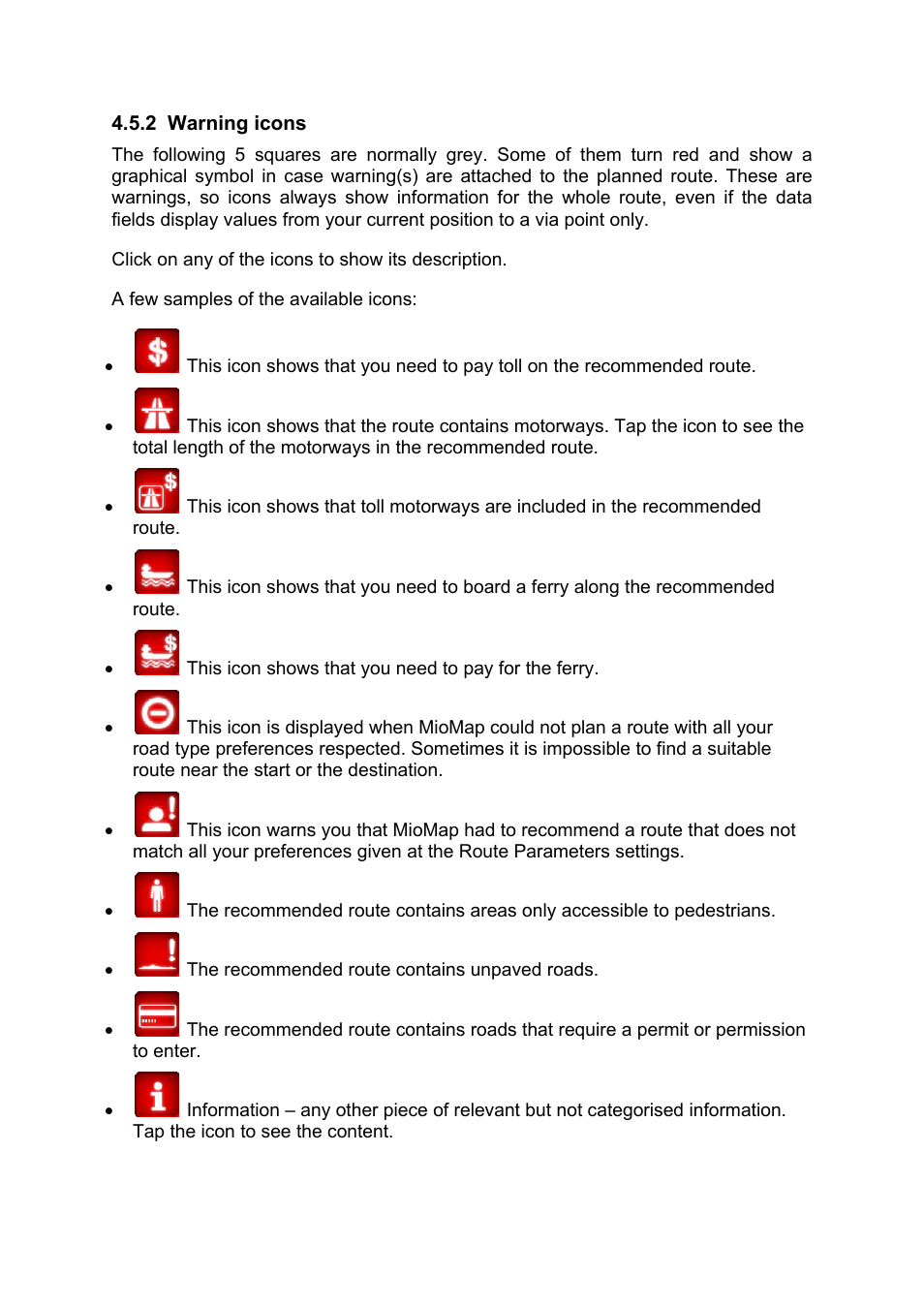 Warning icons | Mio MIOMAP C220 User Manual | Page 38 / 86