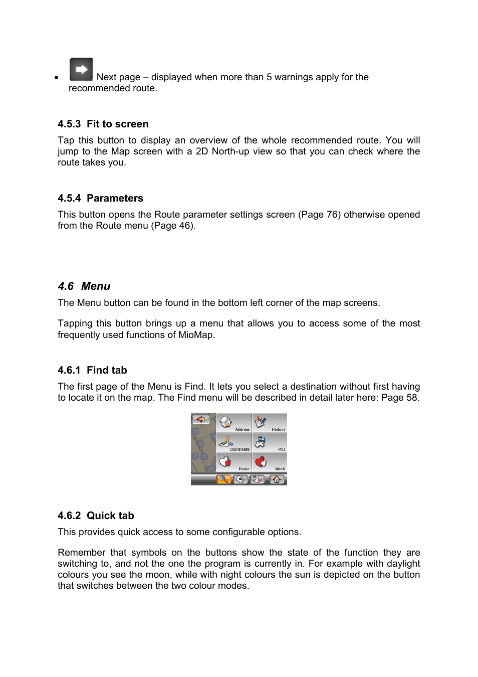 Fit to screen, Parameters, Menu | Find tab, Quick tab | Mio MIOMAP C220 User Manual | Page 39 / 86