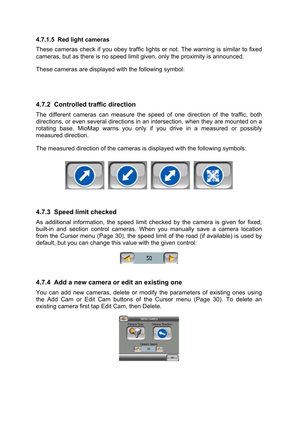 Red light cameras, Controlled traffic direction, Speed limit checked | Add a new camera or edit an existing one | Mio MIOMAP C220 User Manual | Page 53 / 86
