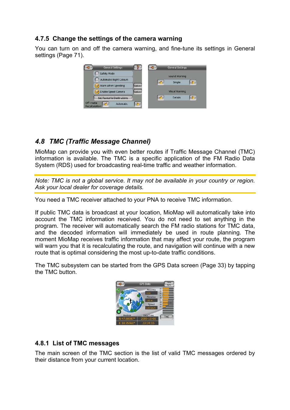 Change the settings of the camera warning, Tmc (traffic message channel), List of tmc messages | Mio MIOMAP C220 User Manual | Page 54 / 86