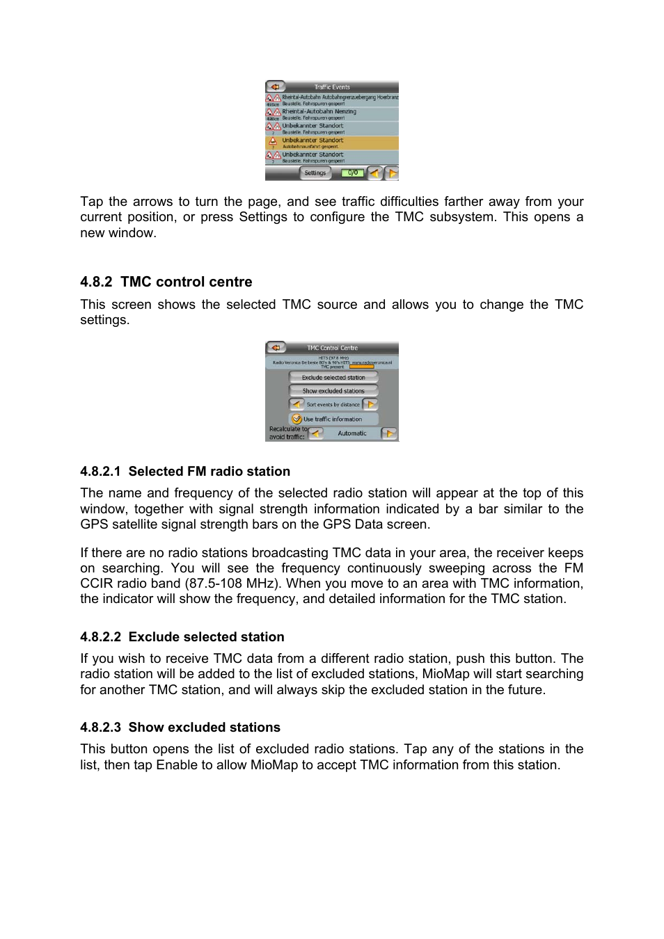 Tmc control centre, Selected fm radio station, Exclude selected station | Show excluded stations | Mio MIOMAP C220 User Manual | Page 55 / 86