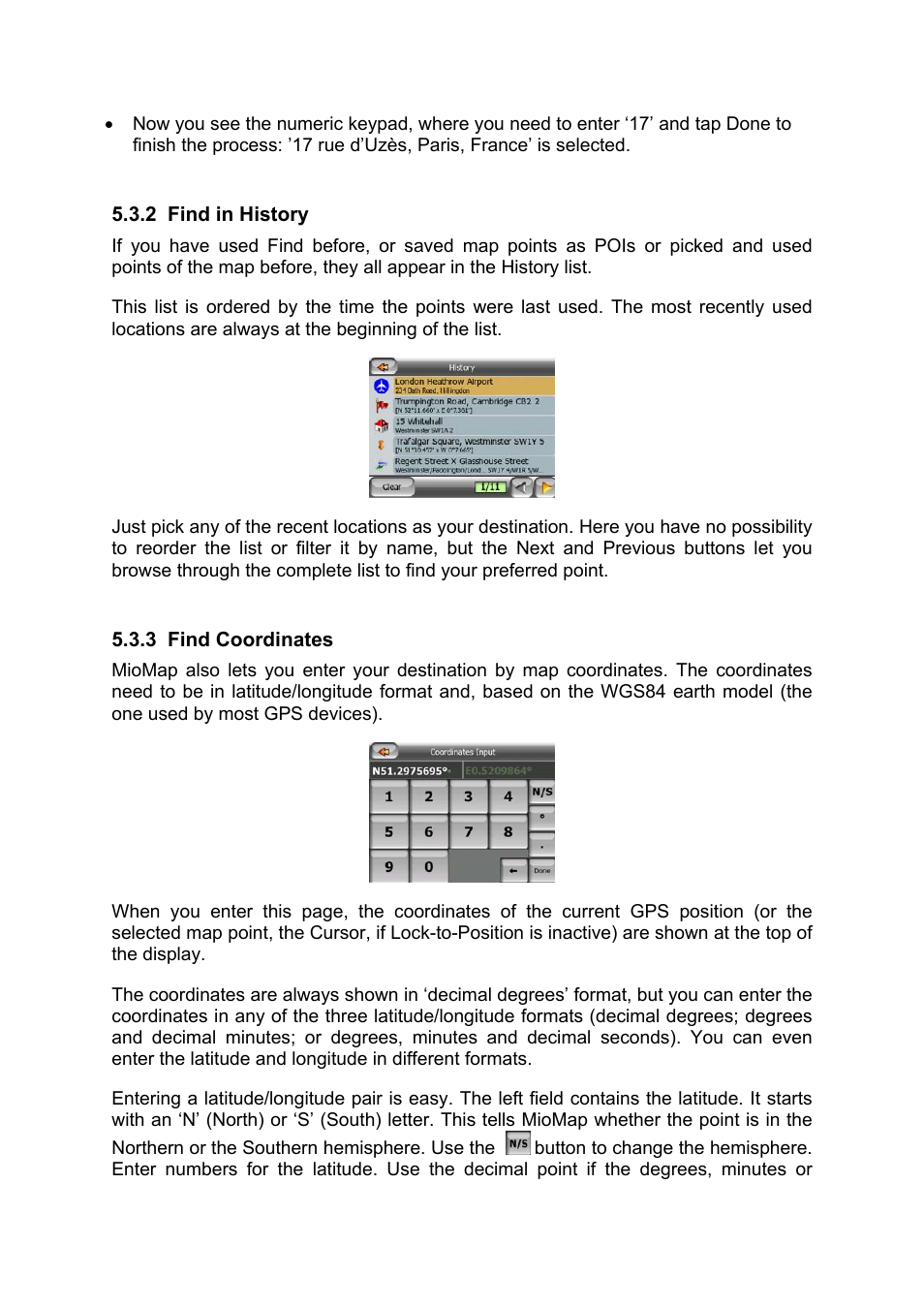 Find in history, Find coordinates | Mio MIOMAP C220 User Manual | Page 65 / 86