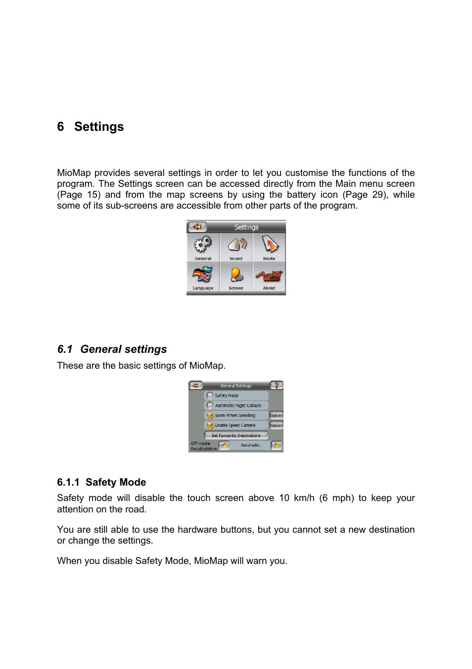 Settings, General settings, Safety mode | 6 settings | Mio MIOMAP C220 User Manual | Page 69 / 86