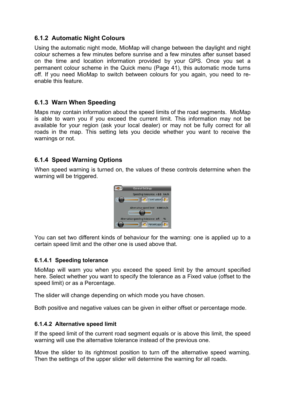 Automatic night colours, Warn when speeding, Speed warning options | Speeding tolerance, Alternative speed limit | Mio MIOMAP C220 User Manual | Page 70 / 86