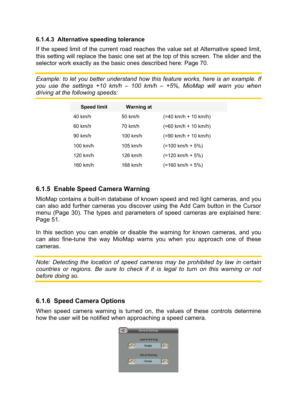 Alternative speeding tolerance, Enable speed camera warning, Speed camera options | Mio MIOMAP C220 User Manual | Page 71 / 86