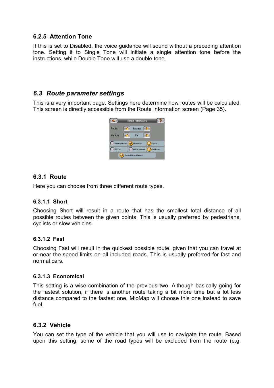 Attention tone, Route parameter settings, Route | Short, Fast, Economical, Vehicle | Mio MIOMAP C220 User Manual | Page 76 / 86