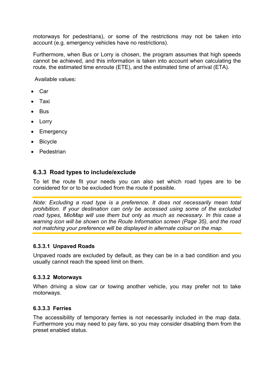 Road types to include/exclude, Unpaved roads, Motorways | Ferries | Mio MIOMAP C220 User Manual | Page 77 / 86