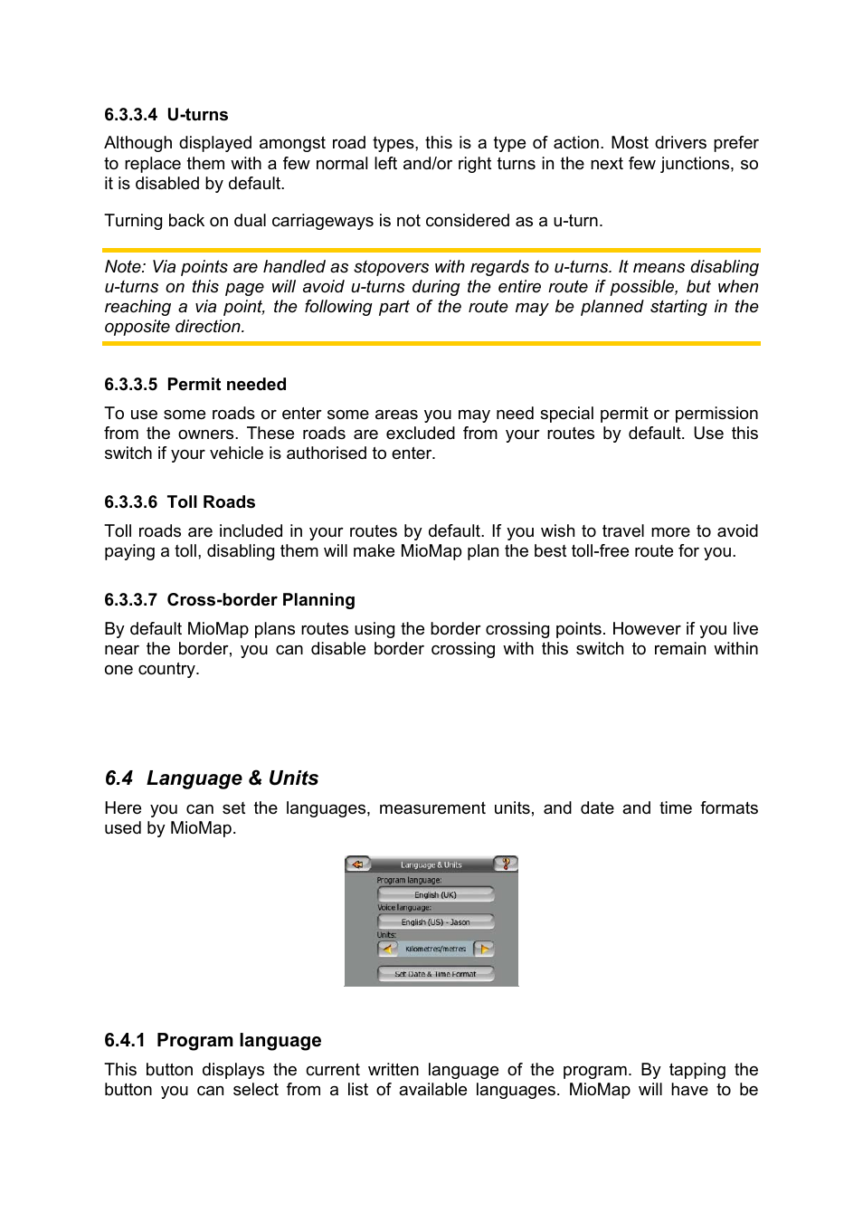 U-turns, Permit needed, Toll roads | Cross-border planning, Language & units, Program language | Mio MIOMAP C220 User Manual | Page 78 / 86