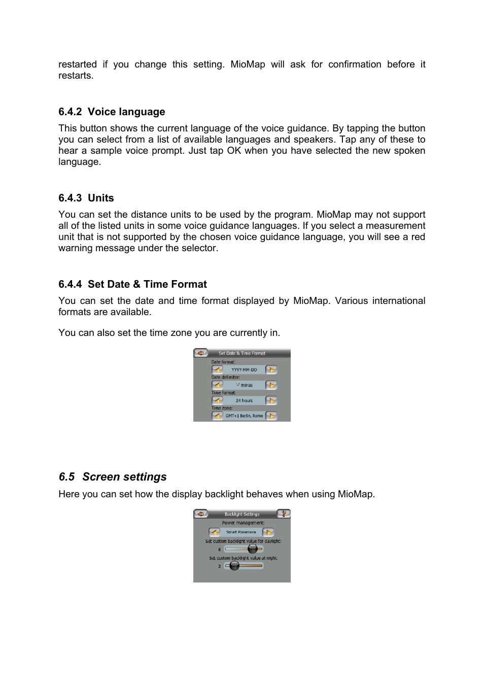 Voice language, Units, Set date & time format | Screen settings | Mio MIOMAP C220 User Manual | Page 79 / 86