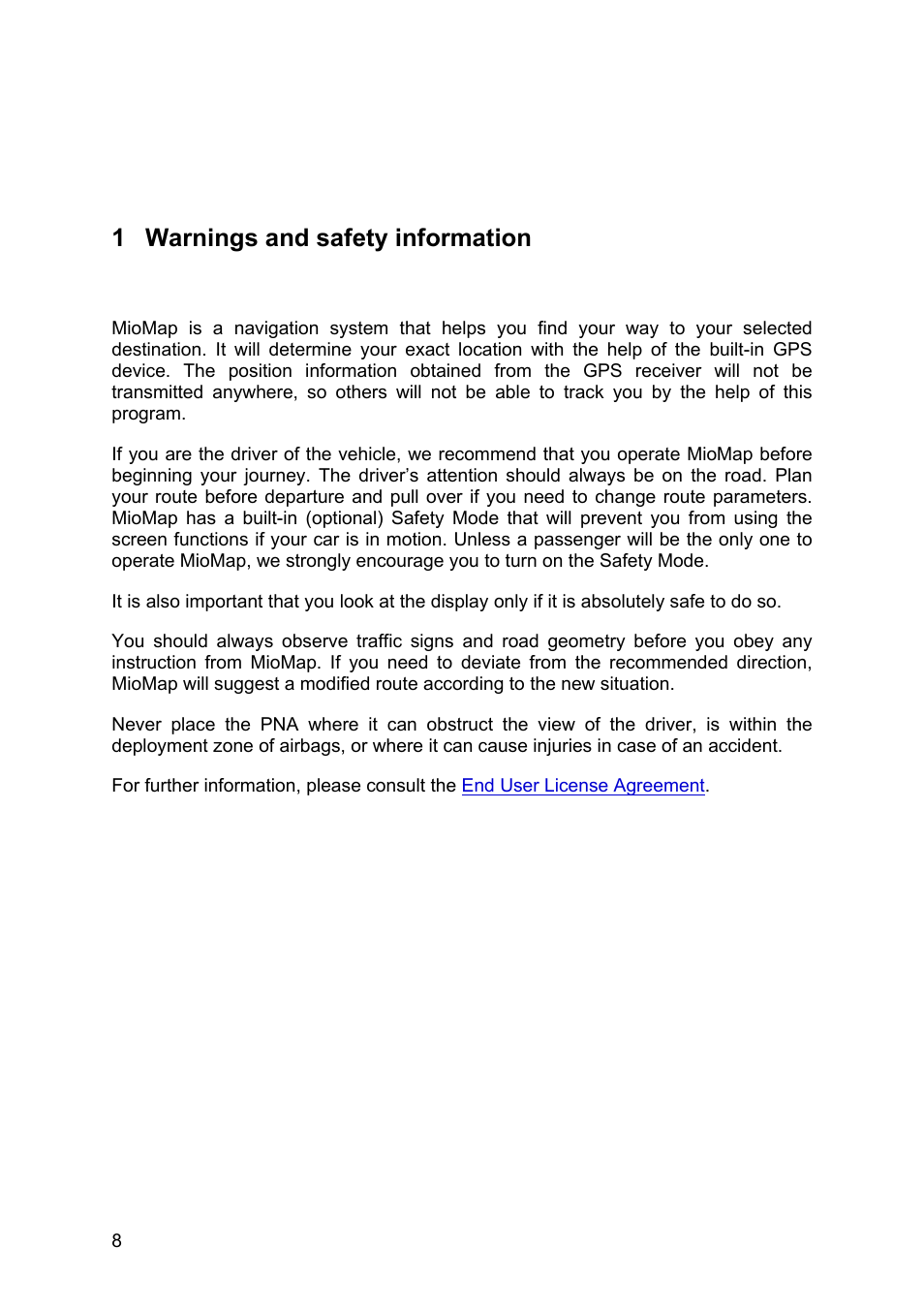 Warnings and safety information, 1 warnings and safety information | Mio MIOMAP C220 User Manual | Page 8 / 86