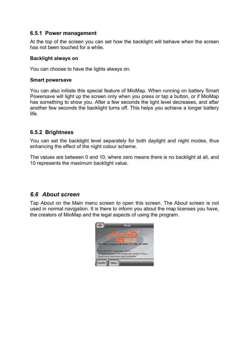 Power management, Brightness, About screen | Mio MIOMAP C220 User Manual | Page 80 / 86