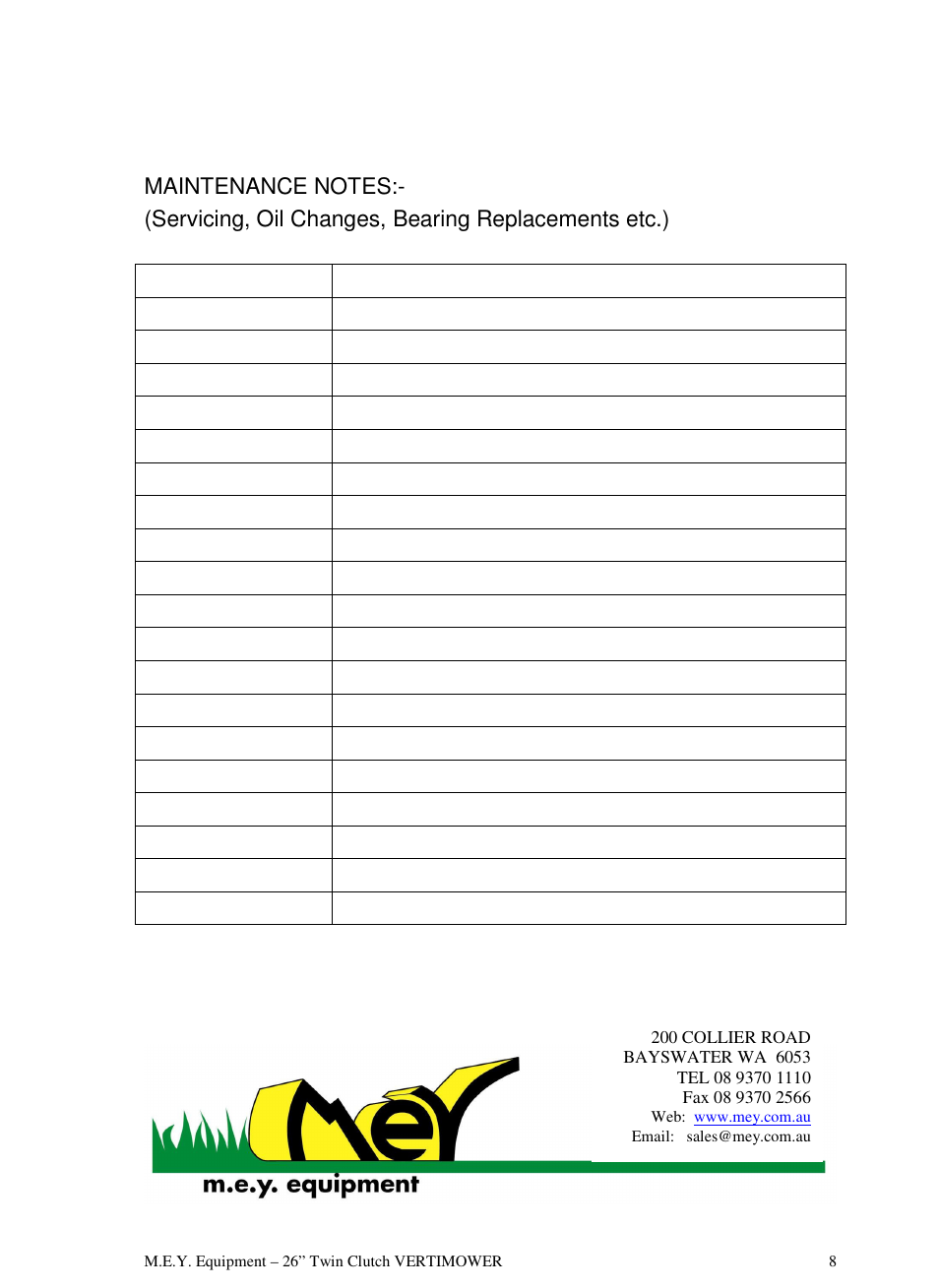 M.E.Y. Equipment 26TCVM User Manual | Page 8 / 8