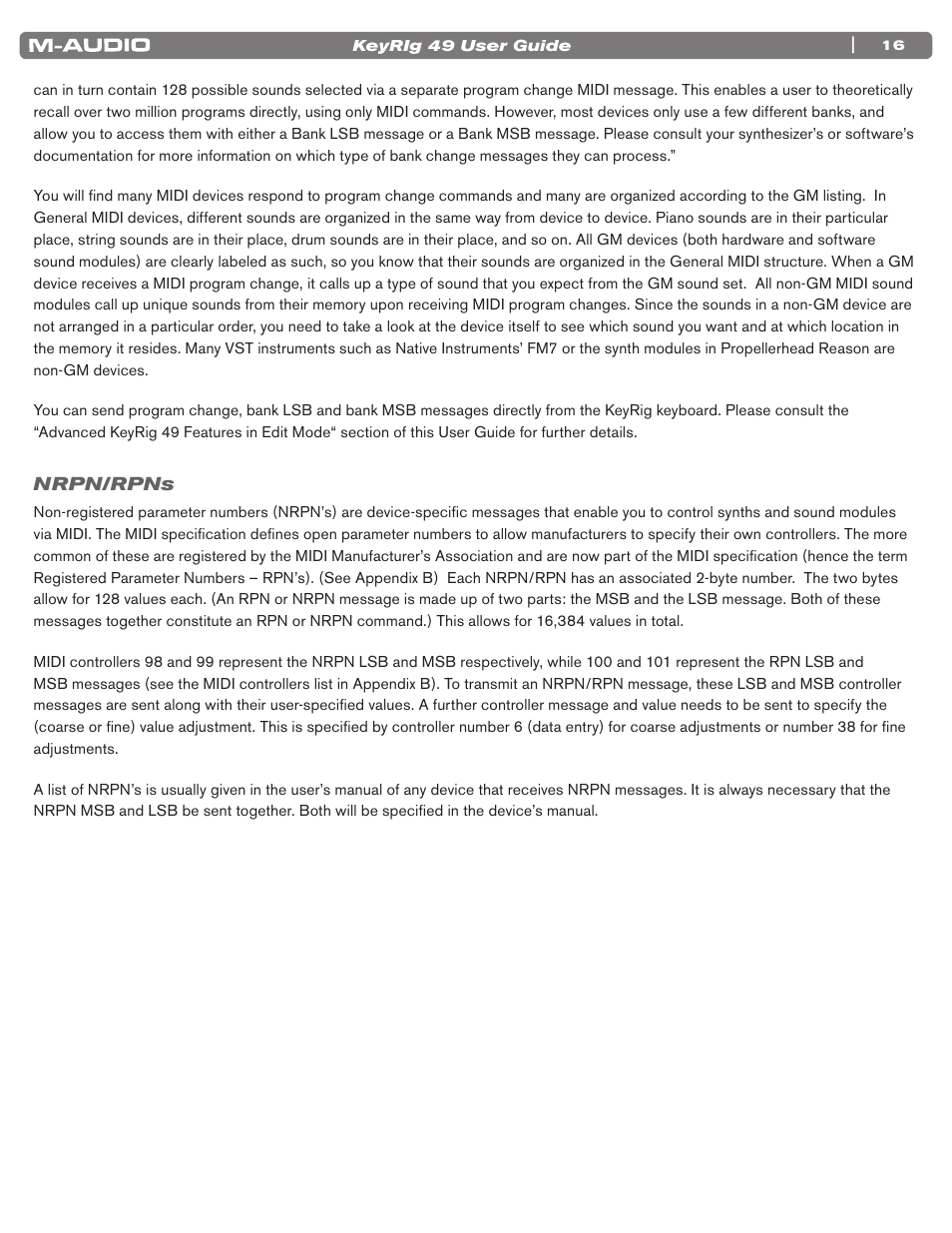 Nrpn/rpns | M-AUDIO KEYRIG 49 User Manual | Page 17 / 24