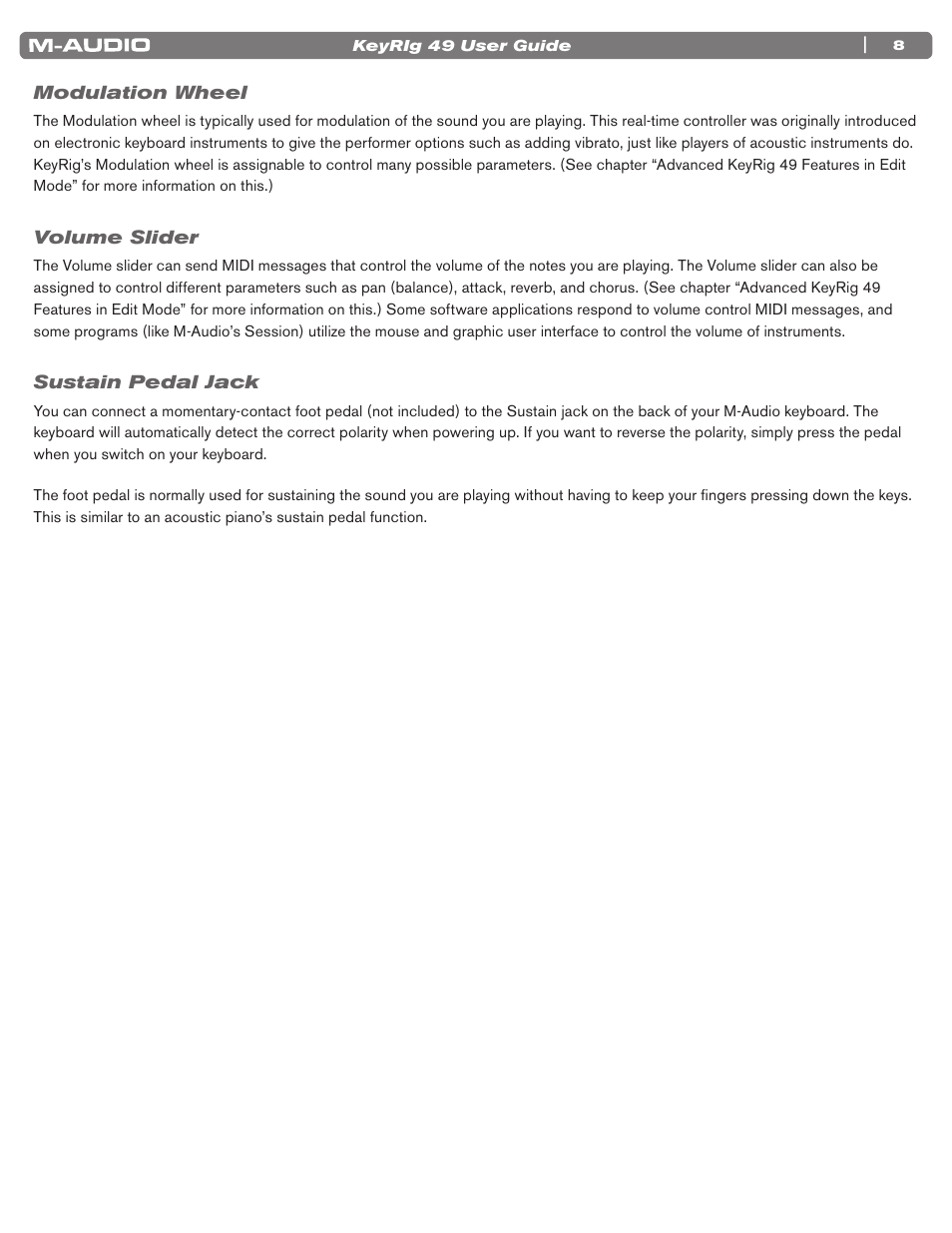 Modulation wheel, Volume slider, Sustain pedal jack | M-AUDIO KEYRIG 49 User Manual | Page 9 / 24