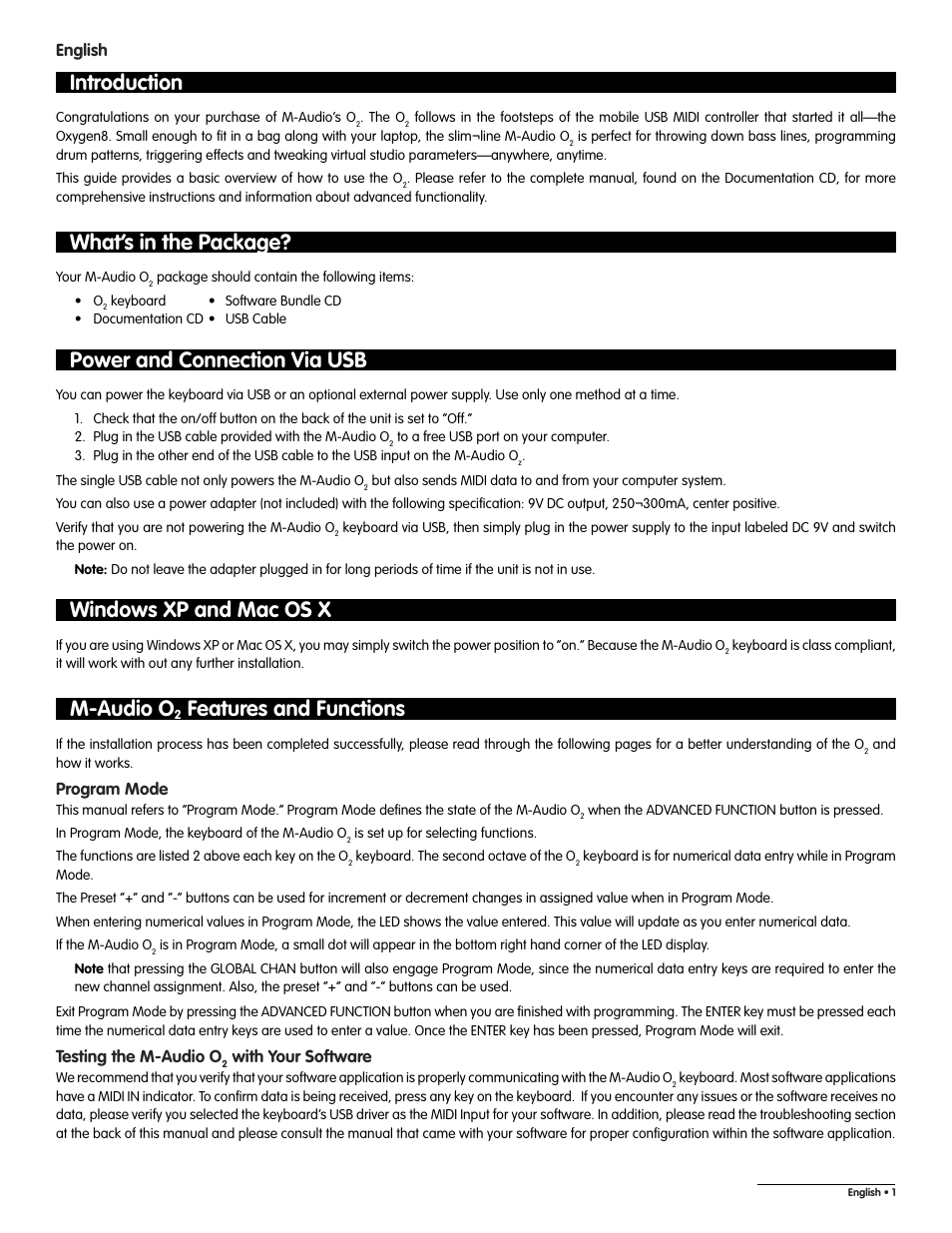 Introduction, What’s in the package, Power and connection via usb | Windows xp and mac os x, M-audio o2 features and functions, M-audio o, Features and functions, Program mode, Testing the m-audio o, With your software | M-AUDIO O2 User Manual | Page 2 / 3