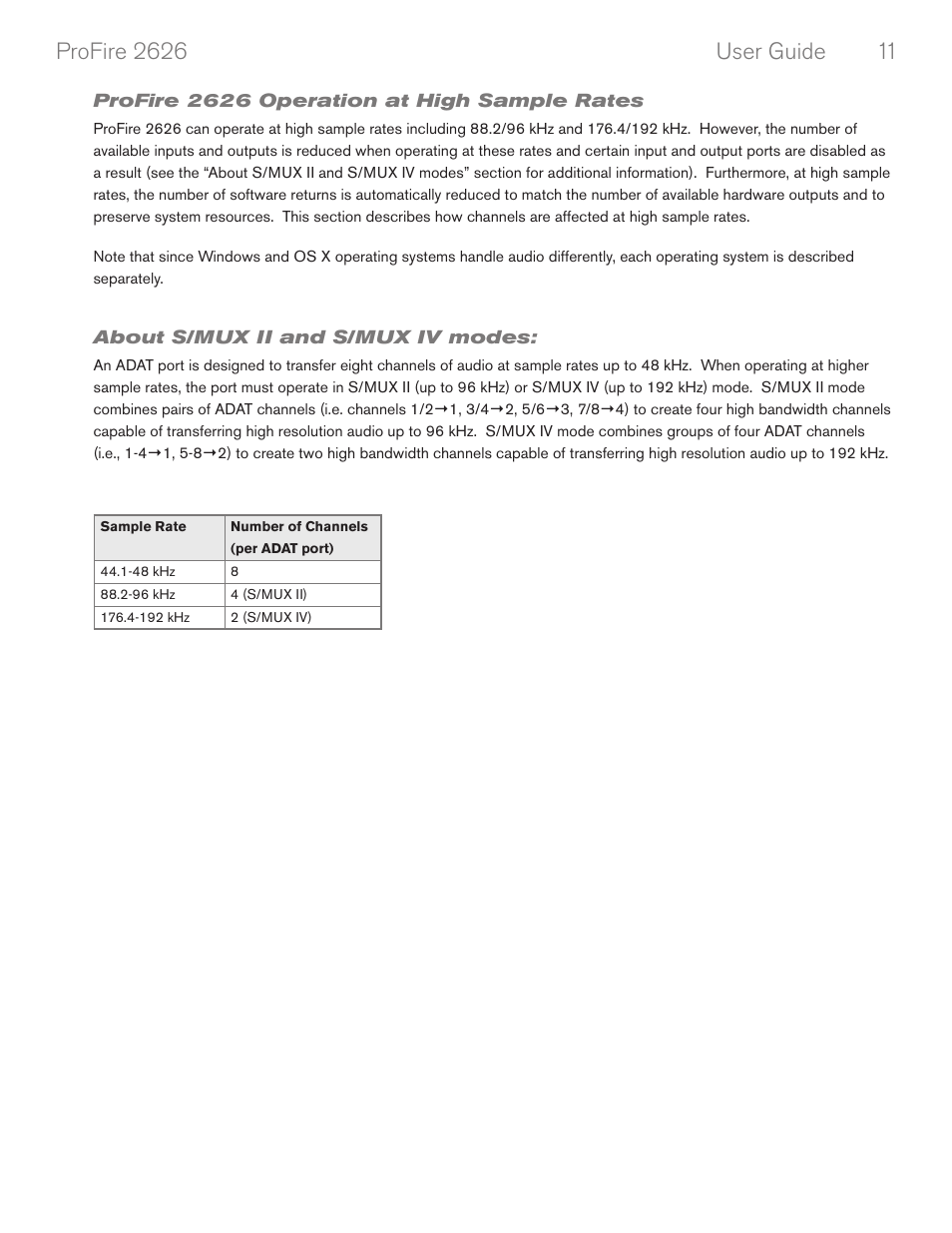 Profire 2626 operation at high sample rates, About s/mux ii and s/mux iv modes | M-AUDIO PROFIRE 2626 User Manual | Page 12 / 51