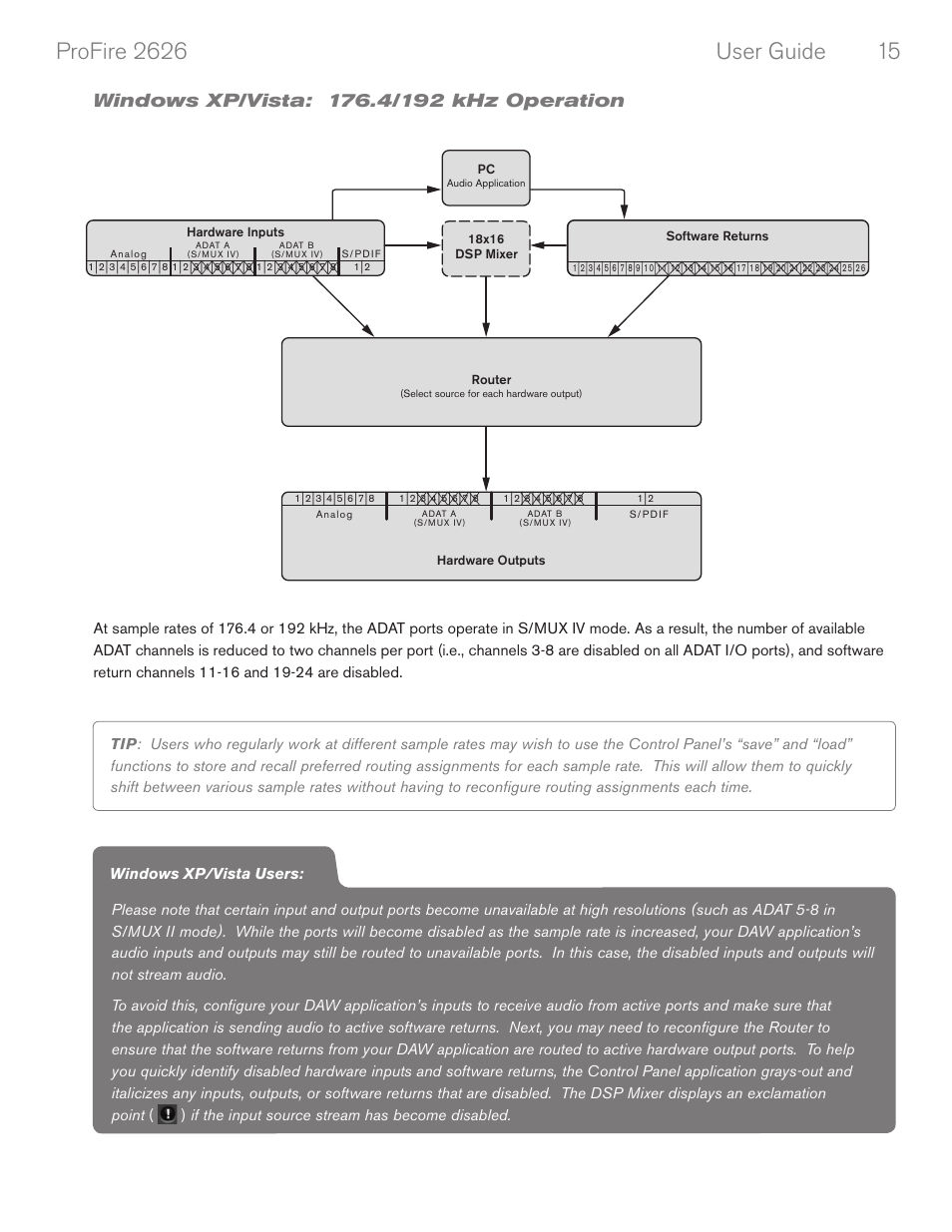 Windows xp/vista: 176.4/192 khz operation, 4/192 khz operation (pc) | M-AUDIO PROFIRE 2626 User Manual | Page 16 / 51